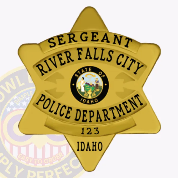 Polished gold 6 point star badge for River Falls City Police Sergeant, highlighted by black embossed lettering around the colorful Idaho state seal, equipped with a practical safety pin attachment on the back.
