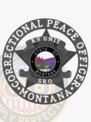 Custom metal badge in black color with safety pin attachment featuring a star shape, prominently displaying the words "CORRECTIONAL PEACE OFFICER" and "STATE OF MONTANA." The center showcases a detailed emblem with a mountain landscape and a K9 unit designation, adding to its significance and authority. The badge is designed for easy wearing, making it a practical choice for law enforcement professionals.