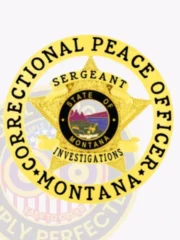 Custom metal badge in gold with safety pin attachment, designed in a star shape that symbolizes authority and service. The badge features the words "Correctional Peace Officer" prominently displayed around its outer edge. In the center, the badge showcases the state seal of Montana, depicting a picturesque landscape with mountains and wildlife. The text "State of Montana" encircles the seal, and above it, the word "Sergeant" is clearly indicated, while "Investigations" is positioned below. This badge exemplifies professionalism and dedication within law enforcement.