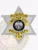 Custom Hilltop City police officer badge in silver metal shaped as a six-point star, with yellow banners reading "POLICE OFFICER," "HILLTOP CITY," and "POLICE DEPT.," positioned around a vivid State of Iowa insignia, equipped with a safety pin attachment.