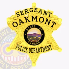 Custom-designed gold 6 point star metal badge for oakmont police sergeant featuring clear black text on three curved banners and a detailed state of kansas seal at the center, attached with a traditional safety pin.