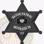 Traditional 6 Point Star Badge with Round Points, 3 Text Ribbon Panels, Laurel Lined Edge view 4