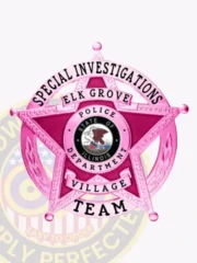 Pink five-point star metal badge for Elk Grove Village Police Special Investigations Team, mounted in a round panel with detailed black lettering, including "ELK GROVE" across the top and "TEAM" at the bottom, secured by a safety pin attachment.