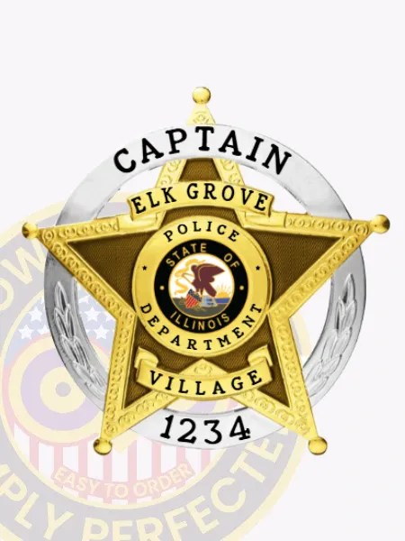 Custom metal badge designed for Elk Grove Village Police Captain, combining a gold five-point star and silver circle panel, featuring black text "CAPTAIN," "ELK GROVE VILLAGE," and the badge number "1234," attached using a safety pin.