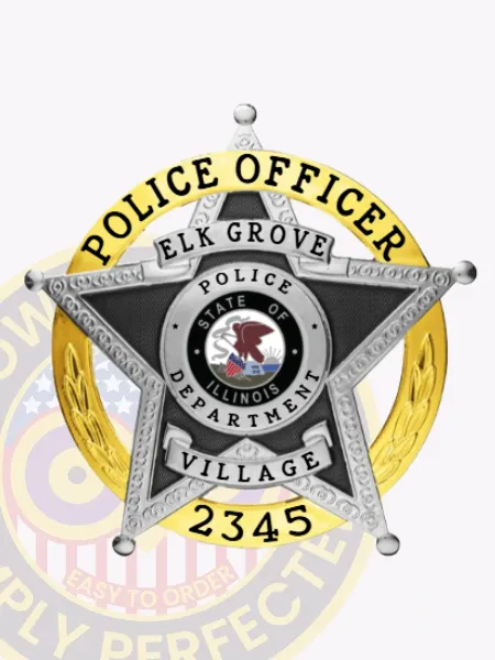 Silver star badge mounted on a gold circle panel designed for Elk Grove Village Police Officer, with detailed black text labeling rank and location, the Illinois state seal in the center, and equipped with a safety pin for attachment.