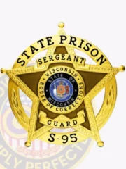 Detailed image of a custom metal badge in gold color with safety pin attachment, featuring a five-pointed star shape. The badge is marked with "STATE PRISON" and "SERGEANT" at the top. The central emblem highlights the "STATE OF WISCONSIN" along with "SNOSE OF CORRECTIONS," while the base includes "GUARD" and the number "S-95," showcasing its significance in law enforcement.