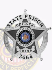 Custom metal badge in silver color with safety pin attachment, featuring a star design. The badge prominently displays "STATE PRISON" and "OFFICER" at the top. In the center, it showcases the emblem of the "STATE OF WISCONSIN" alongside "SNOSE OF CORRECTIONS." The badge also includes "GUARD" and the number "3664" at the bottom, highlighting its significance and authority within the correctional system.