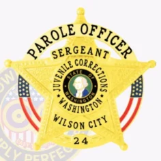 Zoomed-in image of a custom metal badge in gold color with safety pin attachment, exhibiting a star shape. The badge reads "parole officer sergeant" across the top, while the center showcases the washington state seal. The phrase "juvenile corrections washington" encircles this emblem, with "wilson city 24" at the base, reinforcing its authoritative role.