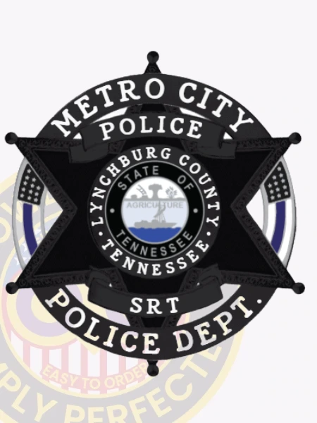 Dark black six-point star metal badge for Metro City police SRT unit, encircled by a silver ring with black text stating "METRO CITY POLICE DEPT.," adorned with black banners that say "POLICE" and "SRT," centered by the Tennessee state seal and county name, with a safety pin attachment on the back.
