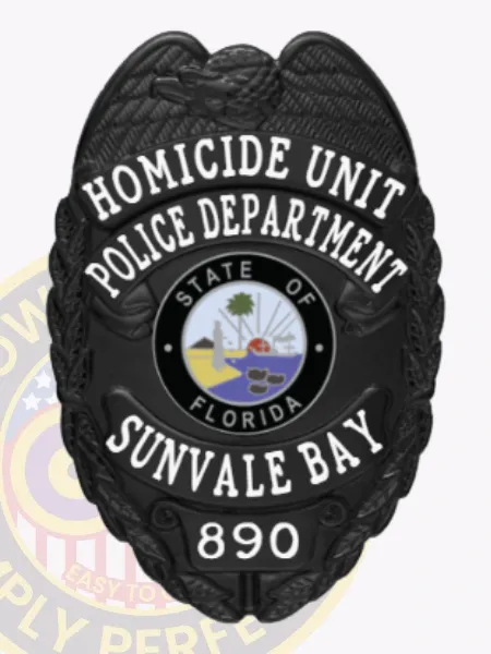 This image illustrates a custom metal badge in black color, prominently featuring "Homicide Unit Police Department, Sunvale Bay." The badge’s intricate design includes a central state emblem and is fitted with a safety pin attachment for effortless fastening.