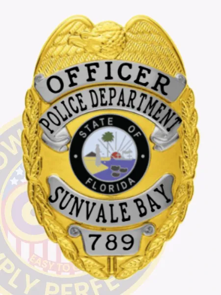A custom metal badge in gold color is depicted here, adorned with elegant silver panels that read "Officer Police Department, Sunvale Bay." The badge features an intricate Florida state emblem and comes with a reliable safety pin attachment for easy application.