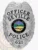 A shiny custom metal badge in silver, designed in the shape of a shield with intricate detailing. The badge features the word "OFFICER" at the top and "SEVILLE POLICE" prominently displayed below in bold black letters. In the center, the state seal of Ohio is visible, showcasing a rising sun over a scenic landscape encircled by a black ring. The badge also includes the number "621" at the bottom. The reflective surface of this custom metal badge in silver enhances its professional appearance, symbolizing authority and dedication in law enforcement.