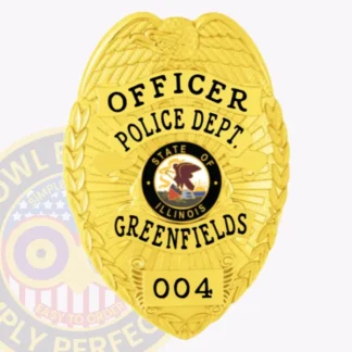A custom metal badge in gold color is depicted here, featuring "Officer Police Dept. Greenfields" prominently displayed. The badge showcases a central Illinois state emblem and includes a safety pin attachment for easy application on uniforms.