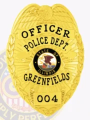 Showcasing a vibrant custom metal badge in gold color, this design highlights the title "Officer Police Dept." along with "Greenfields." The badge features an intricate state emblem of Illinois and comes with a reliable safety pin attachment for convenience.