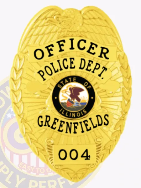 Showcasing a vibrant custom metal badge in gold color, this design highlights the title "Officer Police Dept." along with "Greenfields." The badge features an intricate state emblem of Illinois and comes with a reliable safety pin attachment for convenience.