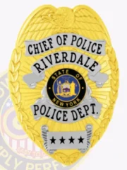 Shiny gold custom badge for Riverdale Police Chief of Police with a prominent eagle at the top, layered silver banners featuring black text naming the position and department, a blue and gold New York State seal in the middle, and four black stars displayed on a silver panel at the bottom, designed with a safety pin on the back.