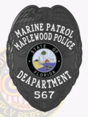 Displaying a sleek custom metal badge in black color, the design highlights the title "Marine Patrol Maplewood Police Department." With its intricate emblem of Florida, this badge also features a practical safety pin attachment for easy wear. A custom metal badge in black color is depicted here, featuring the "Marine Patrol Maplewood Police Department"