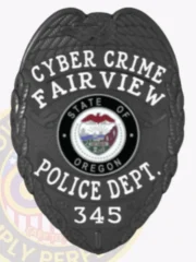 Fairview Police Cyber Crime custom black metal badge displaying an eagle emblem on top, bold white lettering around the Oregon state seal, labeled “CYBER CRIME FAIRVIEW POLICE DEPT.,” with badge number “345” and safety pin fastener.