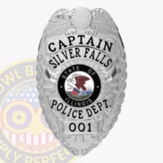 Showcasing a sleek custom metal badge in silver color, this design highlights the title "captain silver falls" above the illinois state emblem. The badge is equipped with a safety pin attachment for convenient and reliable use.