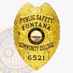 A beautifully crafted custom metal badge in gold color with a safety pin attachment features the inscriptions "public safety," "fontana," and "6521. " the badge showcases the vibrant new hampshire state seal at its center, symbolizing dedication to community protection and service.