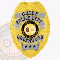 Custom gold eagle top metal badge for greenwood police chief featuring black text on silver banners reading "chief," "police dept. ," and "greenwood," surrounding a colorful south carolina state seal in the center, with three black stars on a silver plate at the bottom and a safety pin attachment.