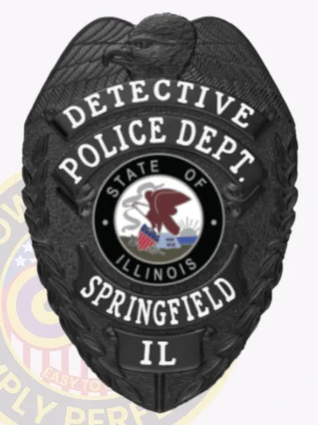 Detailed black police badge for Springfield Detective, featuring an eagle at the top, bold white text "DETECTIVE POLICE DEPT." around the Illinois seal, and "SPRINGFIELD IL" on the bottom plate, secured with a safety pin.