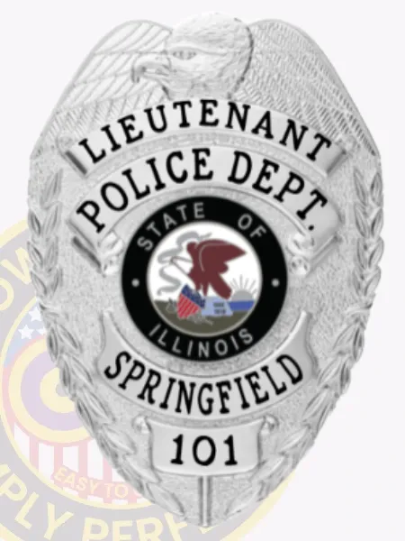 Springfield Police custom silver metal badge for Lieutenant, highlighted by an eagle figure on top and black text bands with "LIEUTENANT," "POLICE DEPT.," and "SPRINGFIELD," featuring the Illinois state seal and numbered "101" at the bottom, designed with a safety pin.