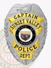 This elegant custom metal badge shines in silver with eye-catching gold panels, highlighting the title "Captain" and "Sunset Valley." The badge’s center showcases Arizona's emblem within a black circle, surrounded by the words "Police Dept." A reliable safety pin attachment ensures it can be worn conveniently.