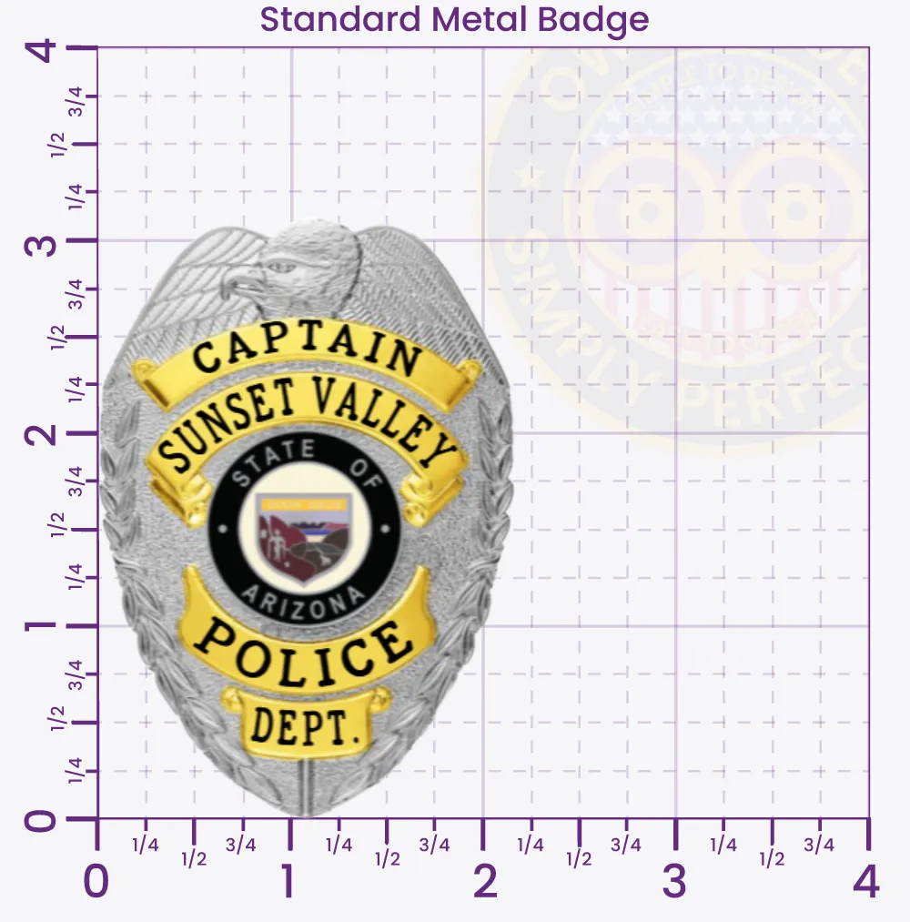 2-C14-2CMB Custom Badges And Design, Create, Build and Order Custom Badges Personalized Badges Officer Badges Sunset Valley Police Silver w Gold Panels Badges 3.125 Standard