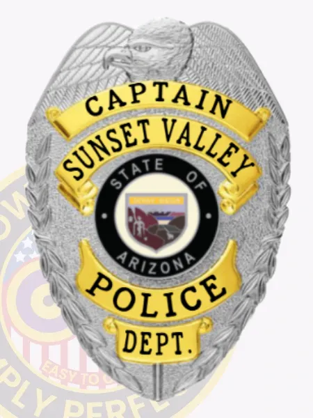 This elegant custom metal badge shines in silver with eye-catching gold panels, highlighting the title "Captain" and "Sunset Valley." The badge’s center showcases Arizona's emblem within a black circle, surrounded by the words "Police Dept." A reliable safety pin attachment ensures it can be worn conveniently.