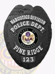 This custom metal badge gleams in black, emphasizing "Narcotics Division" and "Police Dept." at the top. The center displays the state emblem of Arkansas within a black circle, accompanied by "Pine Ridge" and badge number "123." A sturdy safety pin attachment ensures it can be worn securely on various garments.
