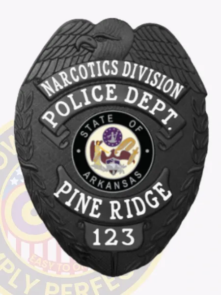 This custom metal badge gleams in black, emphasizing "Narcotics Division" and "Police Dept." at the top. The center displays the state emblem of Arkansas within a black circle, accompanied by "Pine Ridge" and badge number "123." A sturdy safety pin attachment ensures it can be worn securely on various garments.