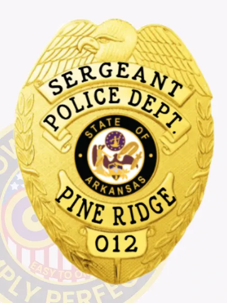 A custom metal badge in a gleaming gold color, prominently featuring the title "Sergeant" and "Police Dept." The badge showcases the state emblem of Arkansas within a black circle, along with "Pine Ridge" and badge number "012." It includes a safety pin attachment for secure and easy wear on uniforms.