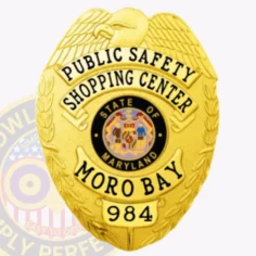 Featuring a custom metal badge in gold color with a safety pin attachment, this badge emphasizes "public safety," "shopping center," and "984. " the centerpiece showcases a prominent circular emblem with the state seal, enhancing its prestigious appearance.