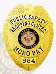 This custom metal badge in gold color with a safety pin attachment prominently displays "PUBLIC SAFETY," "SHOPPING CENTER," and "MORO BAY." The badge features a vibrant central emblem showcasing the Maryland state seal, surrounded by intricate golden detailing that signifies authority.