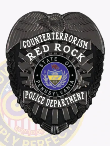 This image features a custom metal badge in black color, prominently displaying "Counterterrorism Red Rock" along with "Police Department." The badge includes a detailed Pennsylvania state emblem and comes with a safety pin attachment for secure wearing.