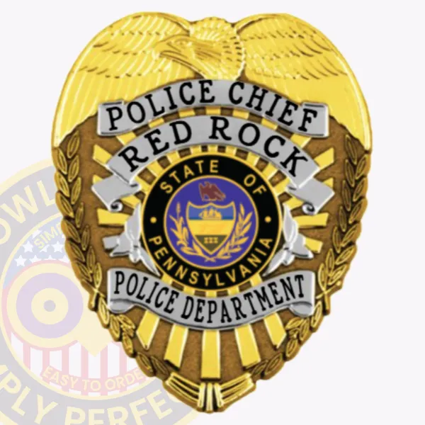 This image illustrates a custom metal badge in gold color, prominently displaying "Police Chief Red Rock" along with the title "Police Department" on stylish silver panels. The badge is designed with a detailed state emblem and features a safety pin attachment for effortless fastening.