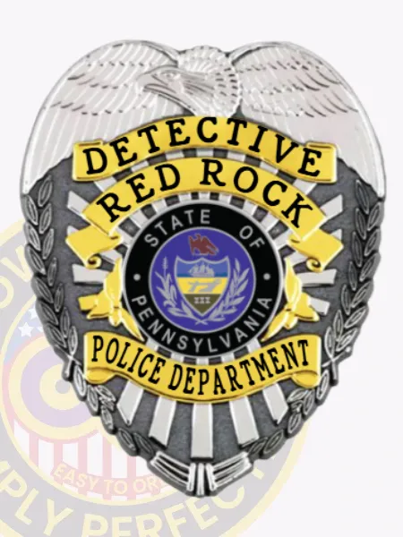 Showcasing a stylish custom metal badge in silver color, this design highlights the title "Detective Red Rock" with elegant gold panels. The badge features an intricate Pennsylvania state emblem and is equipped with a safety pin attachment for convenience.