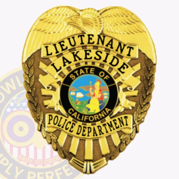 Custom gold eagle top metal badge for Lakeside Police Lieutenant, featuring bold black text on gold banners reading "LIEUTENANT," "LAKESIDE," and "POLICE DEPARTMENT," surrounding a colorful California state seal in the center, with a detailed gold eagle at the top and a safety pin attachment.