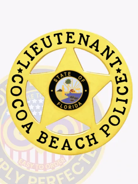 Bright gold custom badge showing a five-point star enclosed within a circular band inscribed with "Lieutenant Cocoa Beach Police" in bold black font, with the State of Florida logo prominently displayed in the middle, made for safety pin attachment.