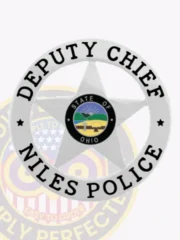 Silver metal custom 5 point star badge for Niles Police Deputy Chief, encircled by a ring with black text "DEPUTY CHIEF" on top and "NILES POLICE" below, the star featuring the Ohio state police department emblem in its center, designed with a safety pin fastener.