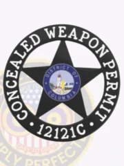 Highlighting a distinctive custom metal badge in black color, this design features a prominent star shape and the inscription "Concealed Weapon Permit." In the center, there's a circular depiction of the District of Columbia, complemented by a safety pin attachment for practical use.