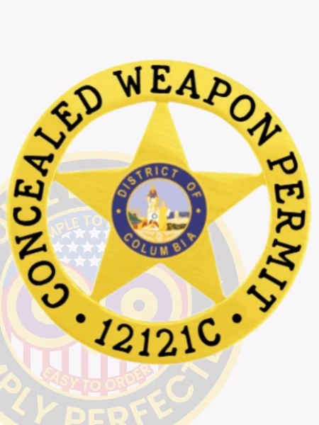 Highlighted is a custom metal badge with a polished gold finish, designed with a circular border that enhances its visibility. The badge features a safety pin attachment, ensuring secure fastening for individuals needing to present their weapon permit credentials confidently.