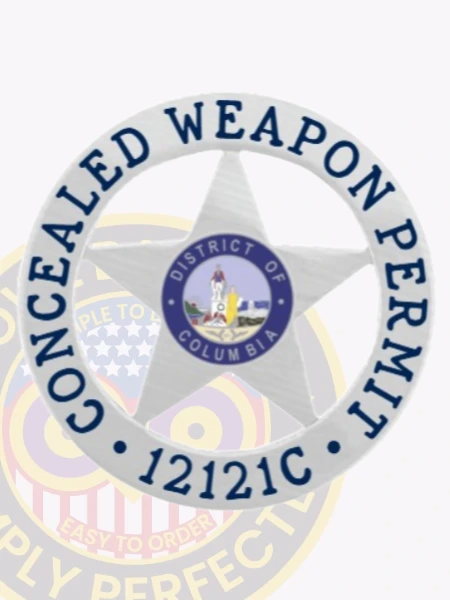A sleek custom metal badge in silver color, designed with a sharp star outline and the phrase "Concealed Weapon Permit" elegantly arranged around it. The central circle depicts the District of Columbia's emblem, while a safety pin attachment ensures it can be worn securely.