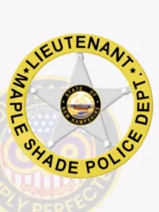 Silver custom 5 point star metal badge for Maple Shade Police Lieutenant, encircled by a gold ring with black text "LIEUTENANT" on top and "MAPLE SHADE POLICE DEPT." on the bottom, the star featuring the New Hampshire state police department emblem in its center, designed with a safety pin fastener.