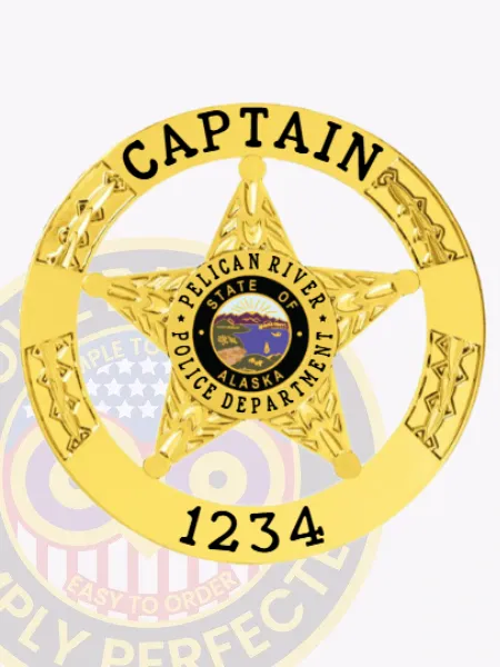 Bright gold custom metal badge shaped as a 5 point star within a circular frame for Pelican River Police Captain, labeled "CAPTAIN" on the top and numbered "1234" on the bottom in bold black text, central embossed star with Alaska state seal and department name, equipped with a safety pin.