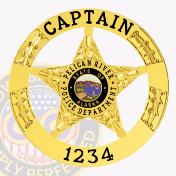 Custom gold metal 5 point star badge for Pelican River Police Captain, circular banner with "CAPTAIN" at the top and "1234" at the bottom in black lettering, detailed embossed star highlighting the Alaska state seal and police department name, finished with a safety pin backing.