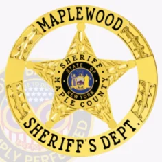 Close up of a custom metal badge in gold color with safety pin attachment, shaped like a star. The badge features "maplewood" and "sheriff's dept. " in bold black lettering around the edge. In the center, it displays the state emblem of new york, surrounded by a circular design, emphasizing its official and vibrant appearance suitable for law enforcement personnel.