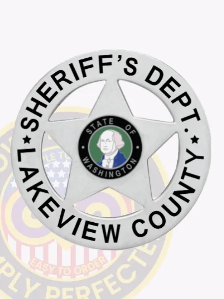A custom metal badge in silver color with safety pin attachment, designed in a star shape. The badge features "SHERIFF'S DEPT." and "LAKEVIEW COUNTY" in bold black lettering around the edge. In the center, it showcases the state emblem of Washington, displaying a portrait of George Washington, highlighting its professional and authoritative look for law enforcement personnel.