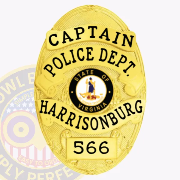Custom gold metal oval badge for Harrisonburg Police Captain featuring a prominent Virginia state seal, framed by gold banners with black lettering reading "CAPTAIN," "POLICE DEPT.," "HARRISONBURG," and the number "566," secured with a safety pin attachment.